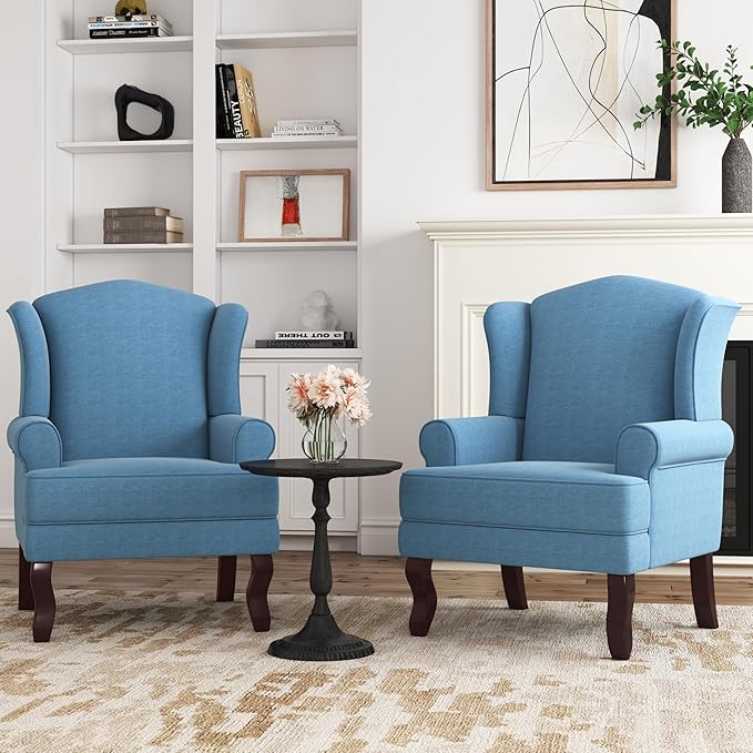 DREAMSIDEA Accent Chair, High Back Upholstered Armchair with High Resilience Sponge & Wood Legs, Mid-Century Modern Comfy Single Sofa Reading Chairs for Living Room, Bedroom (Blue, Set of 2)