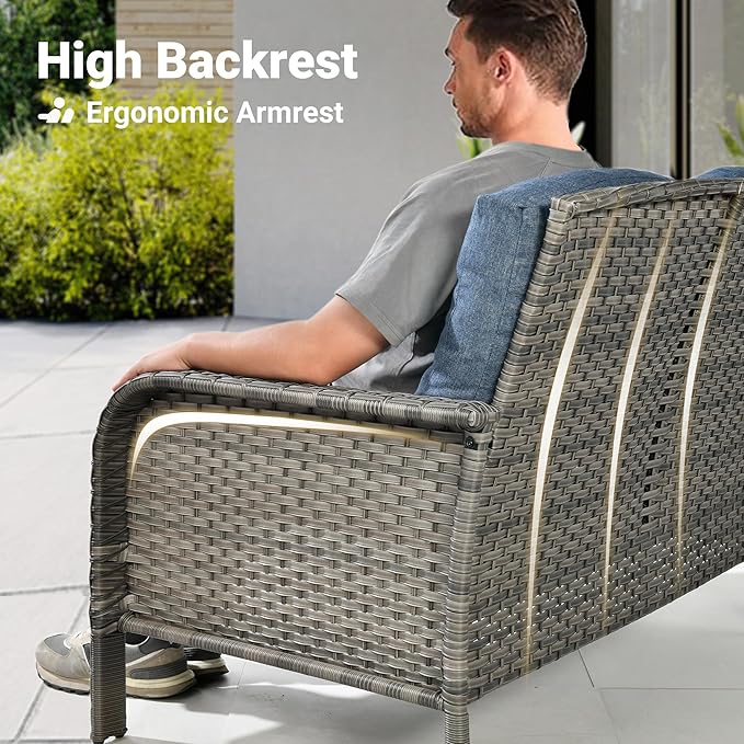 ovios 2 Pieces Patio Furniture Set, Outdoor Wicker Sofa with Glass Coffee Table, All Weather High Back Rattan Loveseat Couch 2 Seats with Comfy Cushions, Denim Blue