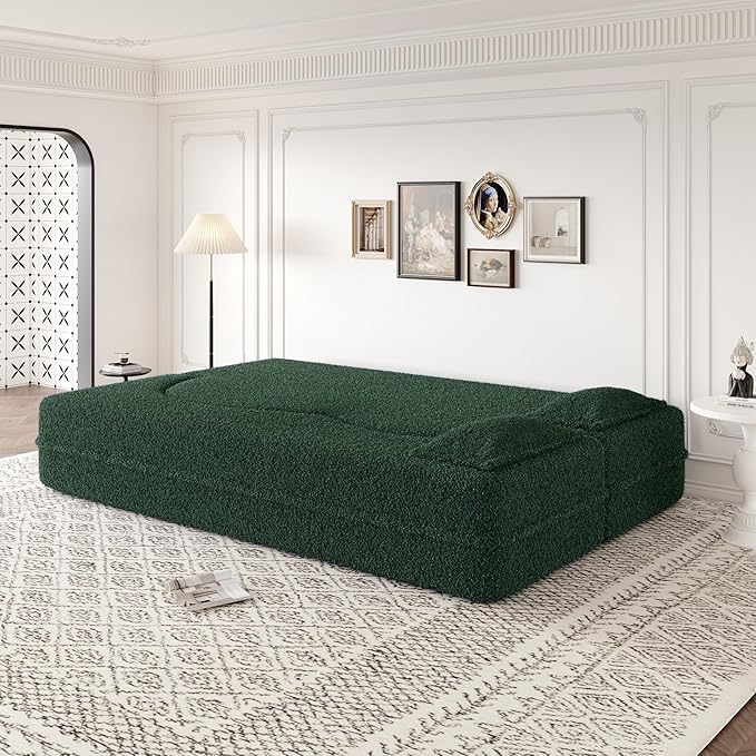 SZLIZCCC 78'' Modern Floor Sofa Bed, Convertible Teddy Fabric Sleeper with 2 Pillows, Modern Teddy Fabric Floor, Foam Folding Mattress for Living Room, Guest Bed, Playroom & Small Spaces (Green)