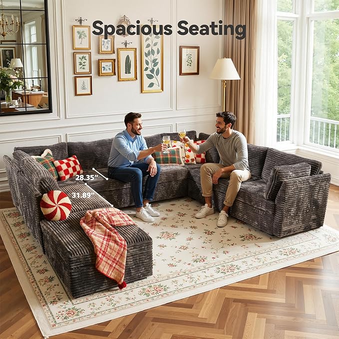 CAODOC Large 8 Seat Modular Sectional Sofa with Ottoman Seat Corduroy Sleeper Sectional Sofa Bed Oversized Convertible Modular Couch for Living Room