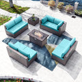 Kullavik 10 Pieces Outdoor Patio Furniture Set with 43" Gas Propane Fire Pit Table PE Wicker Rattan Sectional Sofa Patio Conversation Sets,Blue