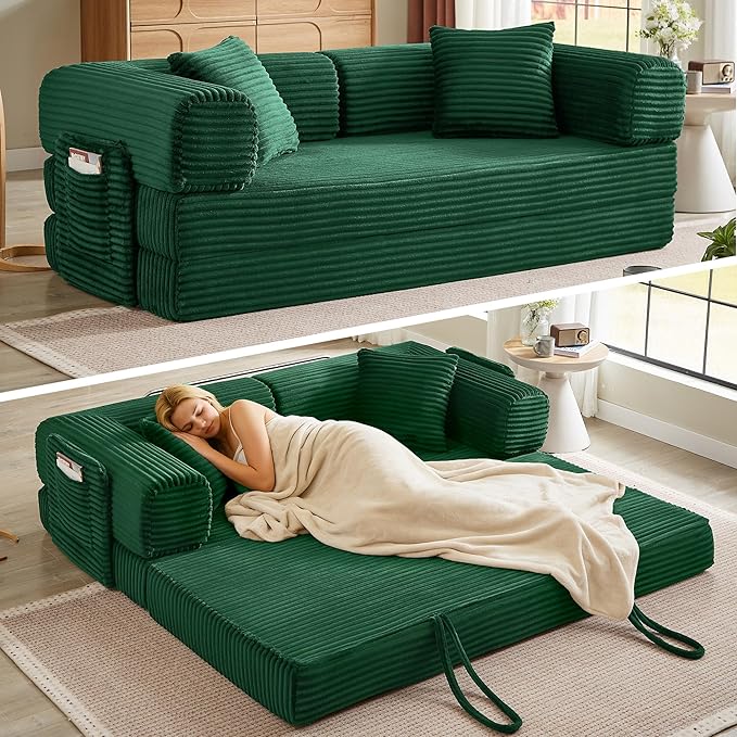 AUGOP Boneless Couch Folding Couches for Living Room Sofa, Futon Sofa Bed with Sleeper Sofa, Futon Couch with Fixed-Shape Oversized Corduroy Upholstered (Green, 81 Inches)