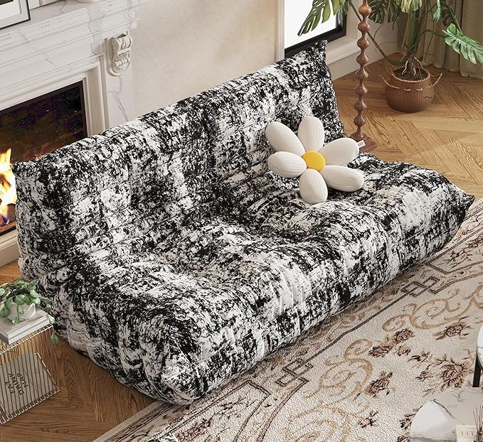 Bean Bag Chair, Fireside Chair, Large Bean Bag Chair for Adults, Bean Bag Chairs for Teens with High-Resilience Foam, Non-Slip Base Floor Lounge Sofa,Living Room (Cross White-Black, 3-Seater)