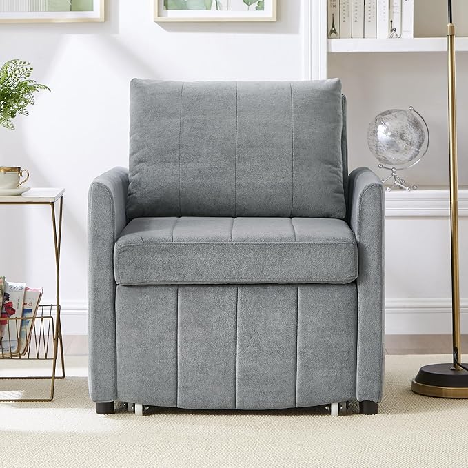 Merax Modern 3-in-1 Convertible Sofa Bed Pull-Out Sleeper Lounger with 5-Position Adjustable Backrest, Upholstered Single Recliner with Side Pockets & Storge Basket for Small Space Grey