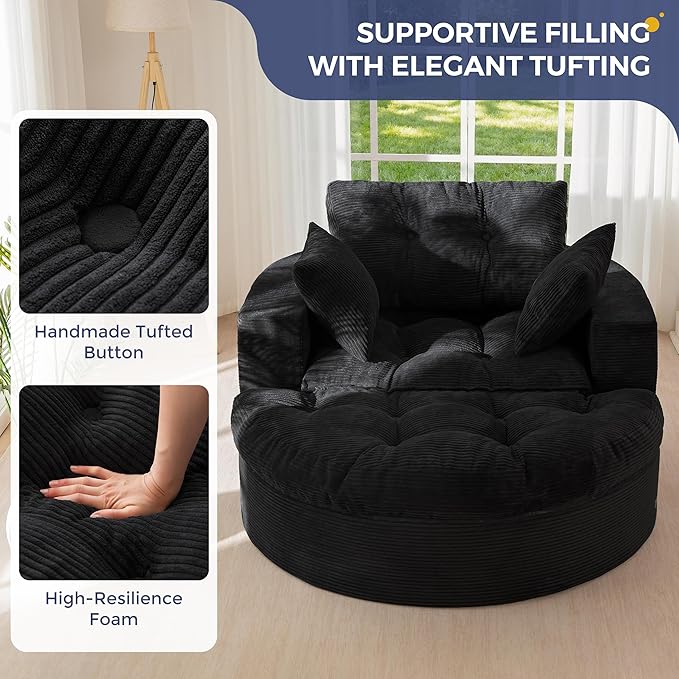 MAXYOYO Oversized Round Chaise Lounge Sofa, Upholstered Lounge Chair with 3 Pillows, Boneless Sofa Couch with Ottoman, Deep Seat Sleeper Chair for Living Room, Bedroom, No Assembly, Black