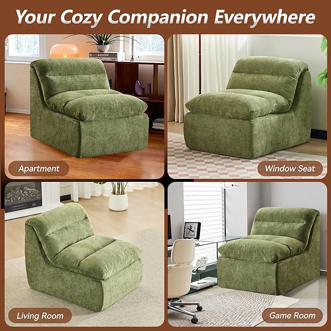 WUTUTUEE Boneless Chair, Double-Layer Armless Floor Sofa with High Density Memory Foam, No Assembly Togo Sofa, Chenille Bean Bag Chairs for Living Room, Bedroom, Comfy Cloud Chair (Green)