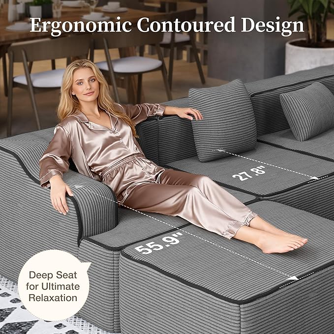 SUNSHINE VALLEY U Shaped Boneless Modular Cloud Couch, 162'' Oversized Corduroy Sectional Sofa for Living Room, 6-Seat Upholstered Modern Couch with Deep Seat, No Assembly Required, Grey