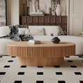 Oval Coffee Table for Living Room Modern Wood Center Tables with Storage Drum Tea Cocktail Fluted Mid Century Apartment Easy Assemble, Wood 31.5" D x 47.2" W x14.2 H
