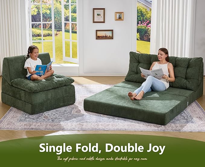 Hobestluk Sofa Couch Folding Sofa Bed Sleeper Comfy Floor Lounger Loveseat Sofa with Removable Cushion Couches Foldable Mattress for Living Room Bedroom or Office (Chenille Green, Oversize)