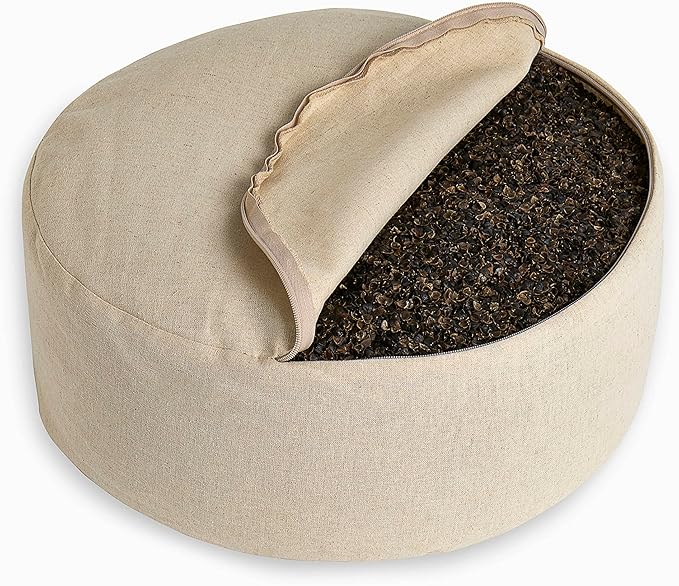 Organic Round Meditation Cushion by renoo - Durable Comfortable Cotton, Linen, Hemp - Modern Zafu - Buckwheat Floor Pillow Yoga Bolster in 15 Colors Removable Cover - 15 inches - Cosmos