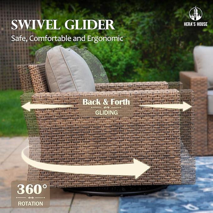 HERA'S HOUSE Patio Furniture Conversation Set, Outdoor Swivel Glide Wicker Chairs with 4.92" Widened Armrest, 5 Pieces Deep Seating Yellow Rattan Sofa with 5.5" Gray Cushions for Deck Garden Yard