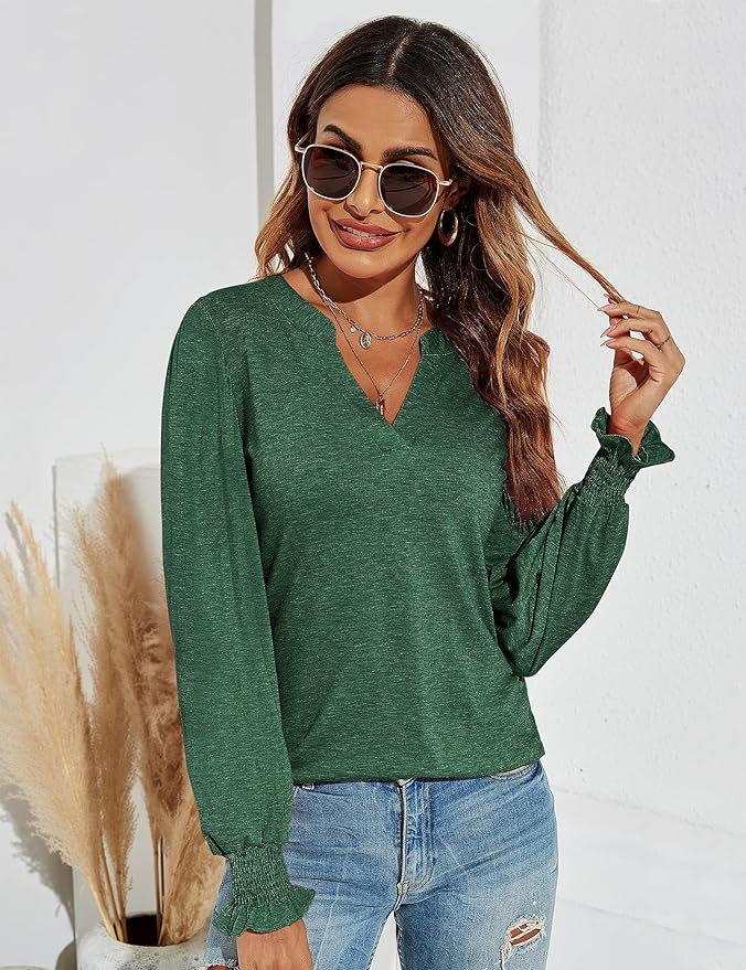 Romanstii Women's Casual V-Neck T-Shirts Loose Puff Long Sleeve Tops Tunic Blouses