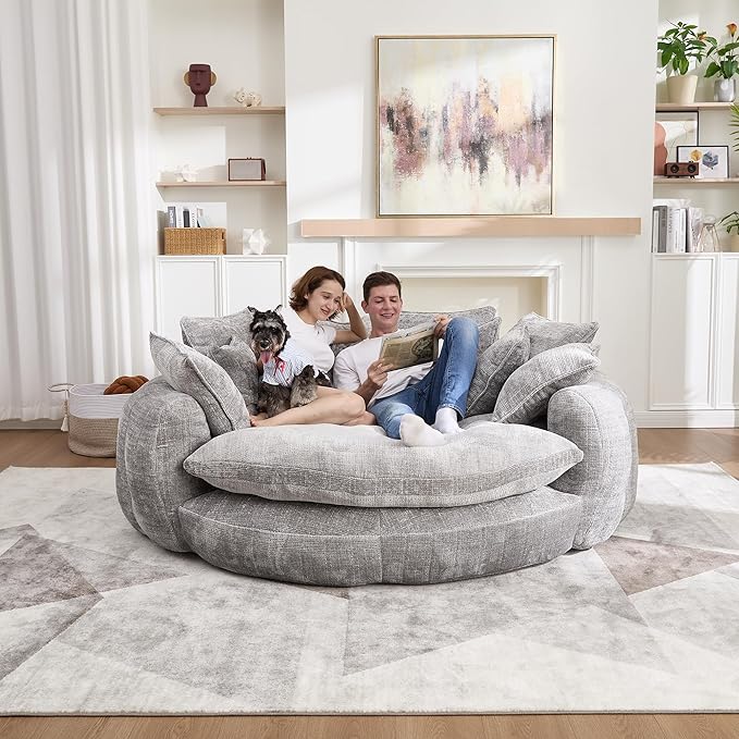 81" Oversized Bean Bag Chair Boneless Round Chaise Lounge Comfy Chenille Reading Chair Fluffy Plush Sofa Bed Large Deep Seat Circle Cloud Couch for Living Room, Bedroom, Apartment, Light Gray