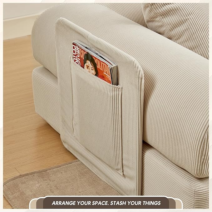 L Shaped Convertible Modular Sofa Bed with Cylindrical Pillow & Reversible Chaise, Corduroy Folding Floor Sofa Couch Bed with Fixed-Shape Frame & Storage Pocket for Living Room, Beige