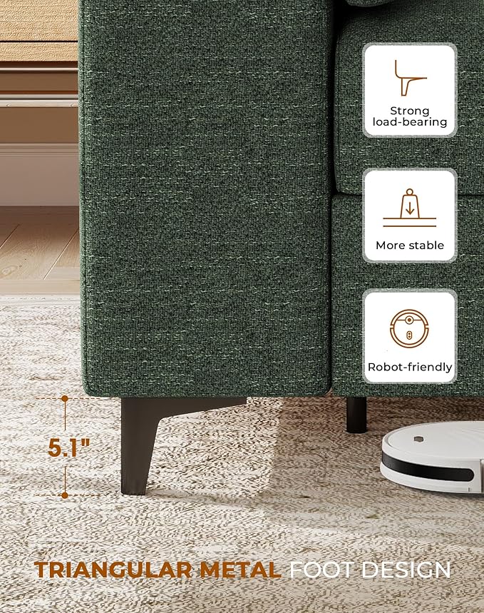Upvilla 88.97" Modern Sofa Couch for Living Room, Deep Seat Sofas with 8”Cushion, Comfy 2-Seater Chenille Loveseat with Convertible Armrest, Removable Sofa Cover, High Leg (Green)