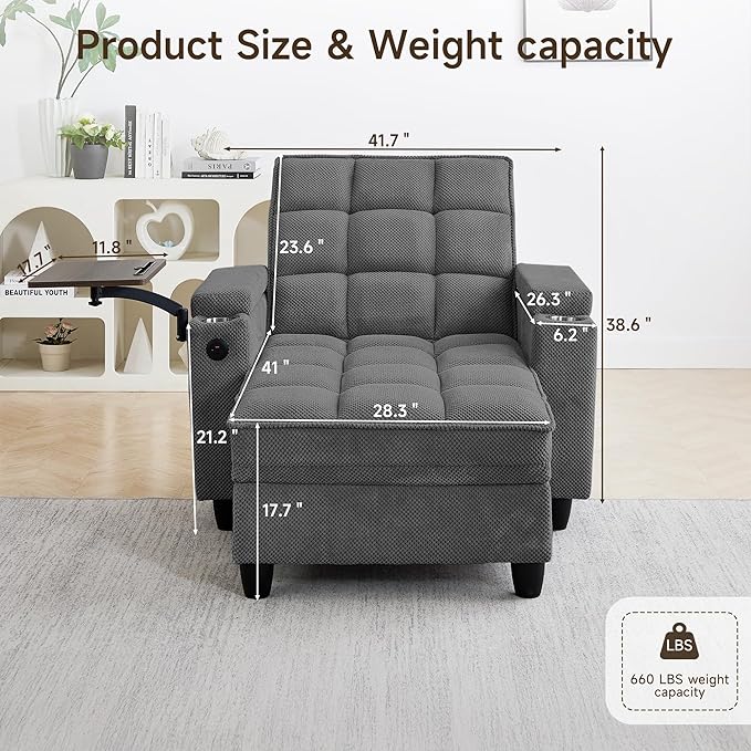 41.7" Oversized Chaise Lounge Chair Indoor, Boucle Upholstered Sofa Bed with Adjustable Backrest, Deep Seat Reading Chair, Sofas Couches for Living Room, Storage, Cup Holders & 360° Swivel Side Table