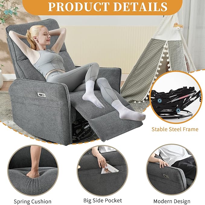QKFF Power Swivel Rocker Recliner Chair for Nursery, Upholstered Snowflake Velvet 270°Swivel Glider Rocker Chair with USB Ports, Small Power Recliners for Small Spaces Living Room