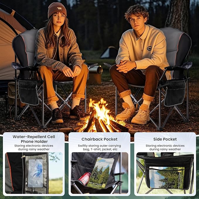 Oversized Camping Chair Heavy Duty 500LB - Portable Folding Chair with Cooler Bag, Cup Holder & Waterproof Phone Case for Adults, Beach, Hiking, Backyard (Black & Gray, 2 PCS)