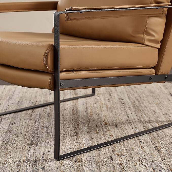 Volans Mid Century Modern Genuine Leather Accent Chair with Arms for Living Room, Metal Frame Armchair Reading Chair, Lounge Chair Single Sofa for Bedroom Office, Khaki