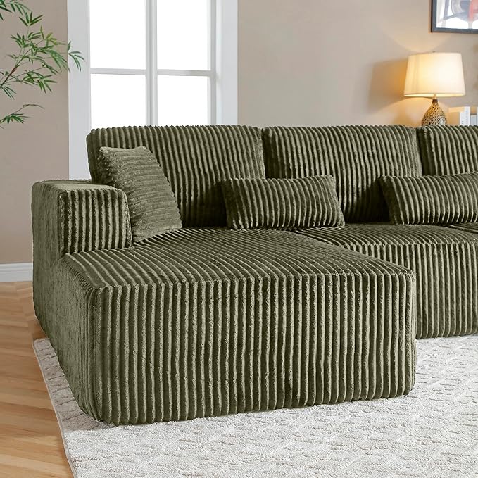 108" Boneless Cloud Sectional Couches for Living Room, Comfy Fluffy L Shaped Memory Foam Deep Seat Boneless Couch, Modular Sectional Sofa with Left Facing Chaise, Olive Green