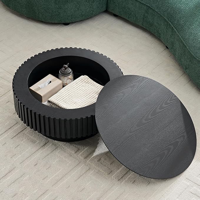 31.49'' Nesting Round Wood Coffee Table with Storage for Apartment, Modern Living Room Coffee Table with Sturdy Pedestal (Black, Ø31.49 x 13.77 with Storage)