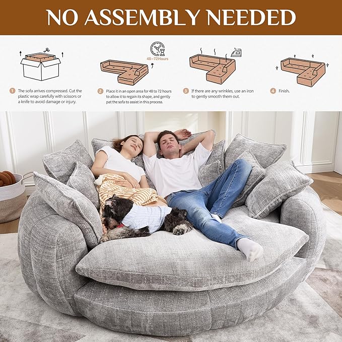 81" Oversized Bean Bag Chair Boneless Round Chaise Lounge Comfy Chenille Reading Chair Fluffy Plush Sofa Bed Large Deep Seat Circle Cloud Couch for Living Room, Bedroom, Apartment, Light Gray