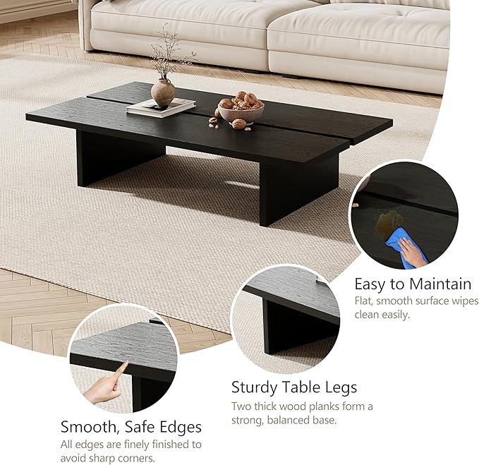 FHKJ 47.2" Modern Coffee Table for Living Room, Black Coffee Table Wood Living Room Table Rectangular Center Table Tea Table for Home Office