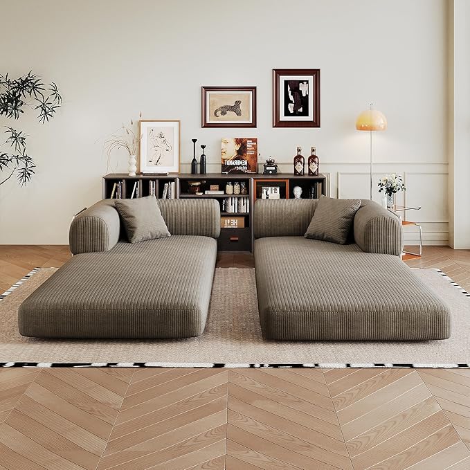 79" Convertible Sofa Bed, Corduroy Folding Pull Out Couch with Pillows, No Assembly Modern Boneless Couch Compression Sofa in Box, Floor Sofa with Support Rods for Living Room,Camel