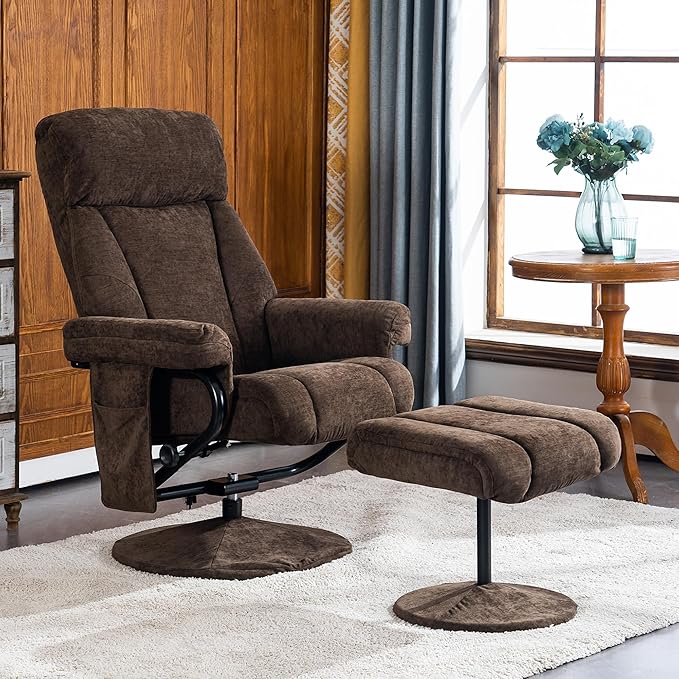 MCombo Swivel Recliner with Ottoman, TV Chair with Vibration Massage, Ideal for RV Small Space, Living Room & Bedroom 4828 (Textile, Dark Brown)
