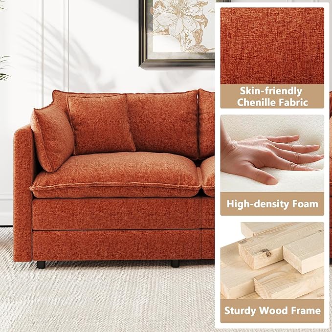 Aoowow Modular Sectional Sofa Modern Convertible L Shaped Couch,111.5 Inch Deep 3-Seater Sofas Set Comfy Chenille Cloud Sofas and Couches with Movable Ottoman for Living Room Apartment(Orange)