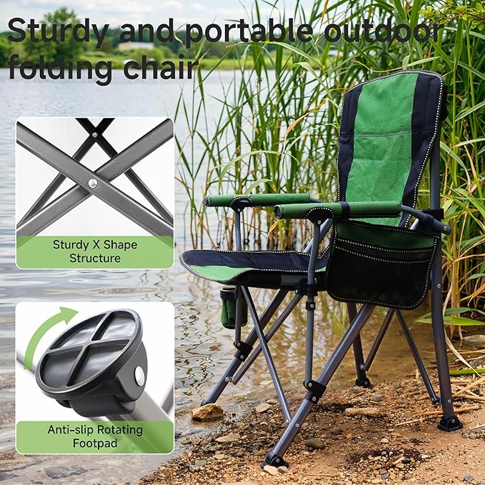 Folding Camping Chair with Cup Holder and Storage Bag, Heavy Duty Support 400 LBS, Oversized Collapsible Portable Camping Chair for Outdoor Camp, Picnic, Travel, Fishing Green