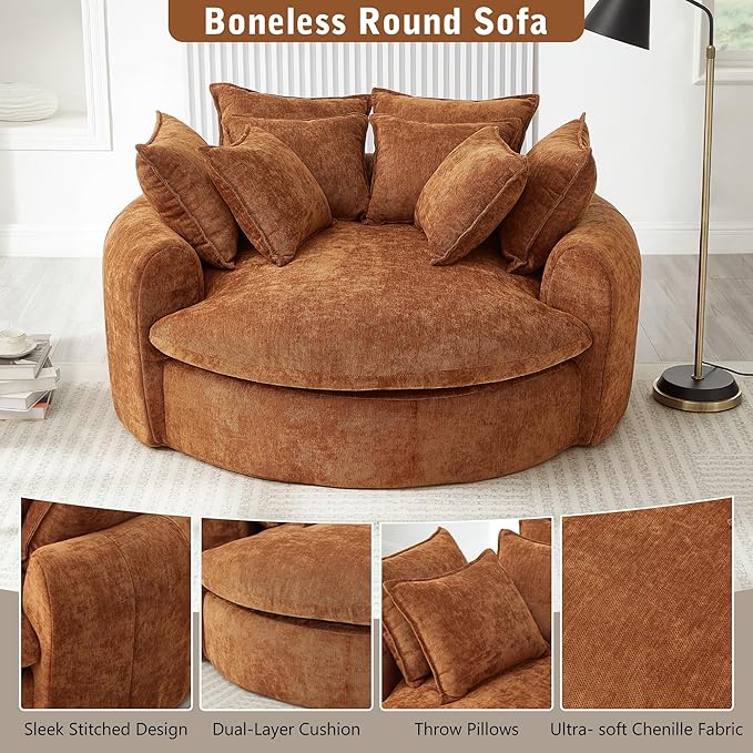 LUMISOL Boneless Couch with 8 Throw Pillows, Full-Compressed, 59.8" Upholstered Single Cloud Sofa Chair, Round Chaise Sofa for Living Room Apartment Office Small Space, Orange