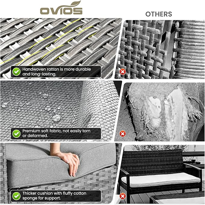 ovios 7 Pieces Patio Furniture Set, Outdoor Wicker Sofa Couch with Rocking Swivel Chairs Fire Pit Table, Modern Deep Seat Rattan Conversation Sets for Deck Porch, Dark Grey