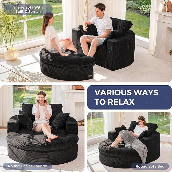 MAXYOYO Modular Sectional Chaise Lounge Sofa, Round Upholstered Lounge Chair with Ottoman, Comfy Couch with Layered Cushion, Tufted Sleeper Chair for Living Room, No Assembly, Black