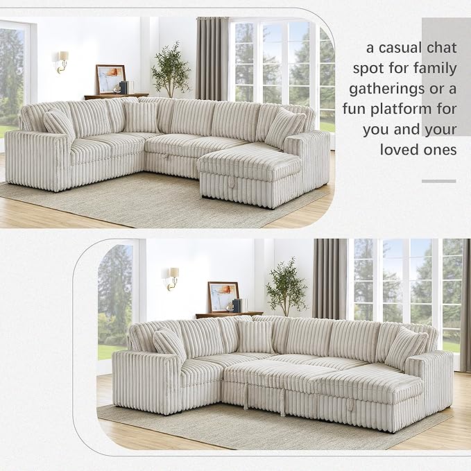 Olodumare Oversized Convertible Sectional Sofa Bed for Living Room, Modern 122'' Corduroy Upholstered U-Shaped Couch with Right Chaise Hidden Storage & Pull-Out Bed, USB & Type-C Port, Cream Khaki