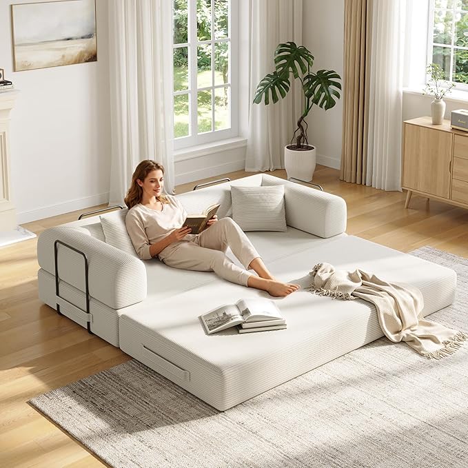 79 Inch 5-in-1 Convertible Sofa Bed, Corduroy Boneless Floor Couch with Fixed Frame & Pillow, Modular Folding Mattress Lounger for Small Space, Living Room, Bedroom - Easy Assembly(White)