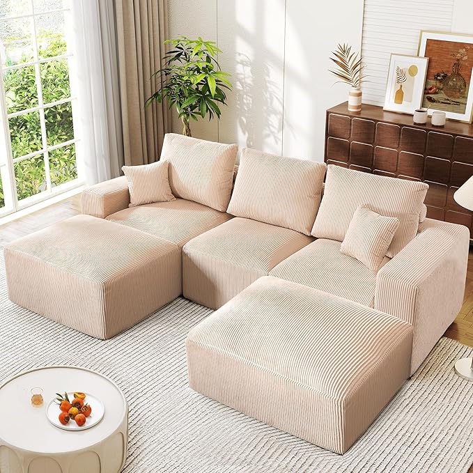 108” U-Shaped Sectional Sofa Couch with High-Seat, Corduroy Modular Cloud Sofa with Chaise ‌and Ottoman, Modern Couches for Living Room, No Assembly Require, Oatmeal