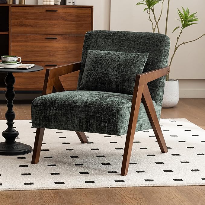 Mid Century Modern Accent Chair with Solid Wood Frame，Upholstered Chenille Living Room Arm Chairs with Pillow for Bedroom, Living Room, Reading Room, Balcony (1, Dark Green)