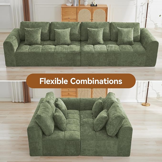 140''Modular Sectional Couches for Living Room, Cloud Boneless Compressed Sectional Sofa, Oversized 4 Seater Upholstered Memory Foam Sofa, No Assembly, Chenille Green
