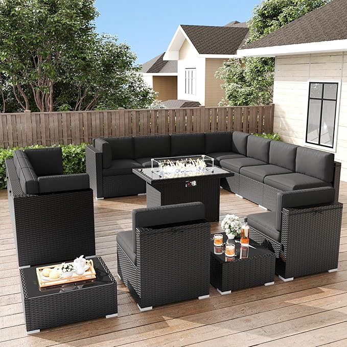 LayinSun 15 Pieces Patio Furniture Set with Fire Pit Table, Black Rattan Modular Sectional Patio Conversation Sofa Set