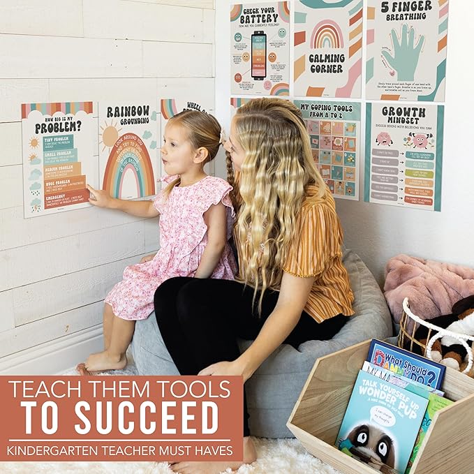 Hadley Designs 9 Calming Corner Posters For Classroom Must Haves For Teachers -11x14 Calm Down Corner Supplies, Feelings Chart For Kids Ages 4-8, Feelings Wheel Poster, Retro Classroom Decor