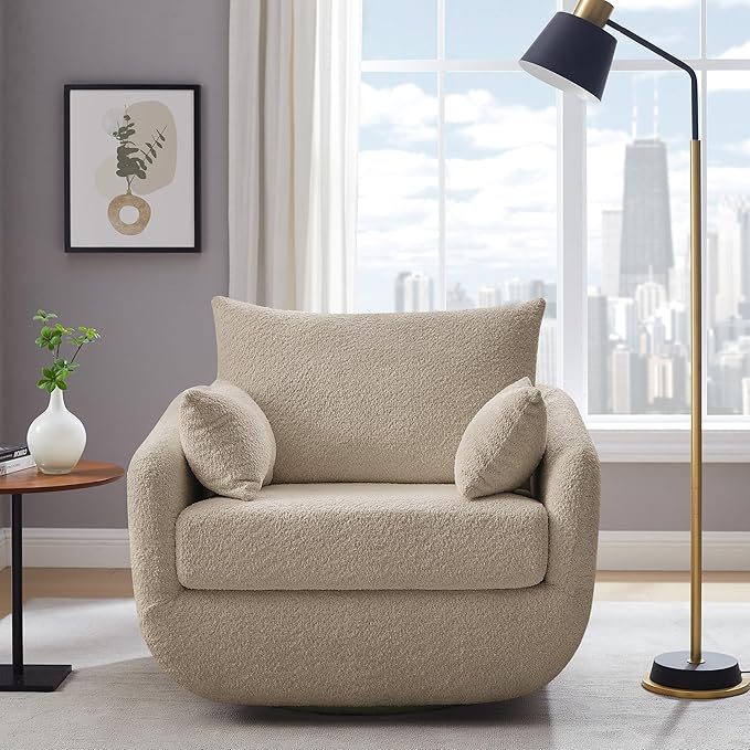 UNUQLIVCO 360° Swivel Accent Armchair, 39.3" Oversized, Sherpa Boucle Fabric Sofa Chair with Removable Back & Arm Pillows, Swivel Chair with Cozy Soft Padded (1, Camel)