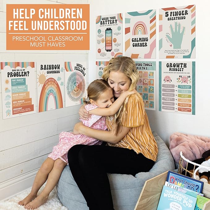 Hadley Designs 9 Calming Corner Posters For Classroom Must Haves For Teachers -11x14 Calm Down Corner Supplies, Feelings Chart For Kids Ages 4-8, Feelings Wheel Poster, Retro Classroom Decor