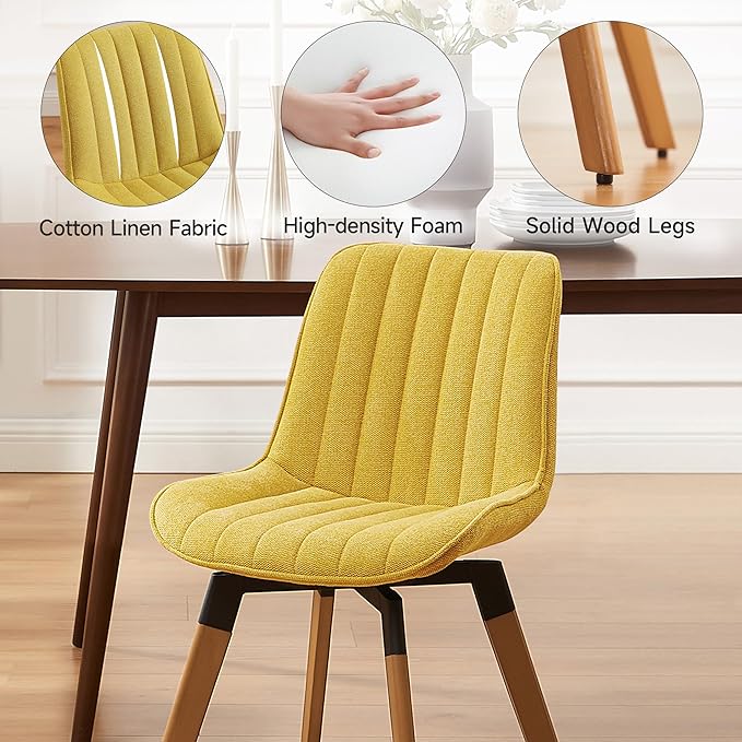 Art Leon Dining Chairs Set of 4, Mid Century Modern Swivel Dining Room Chairs, Fabric Upholstered Armless Side Chairs with Wood Legs for Kitchen Living Room Bedroom, Yellow