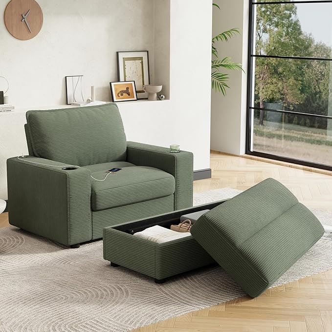 Merax 42.8" Oversized Chaise Lounge Chair with Storage Ottoman,Corduroy Sofa Bed with Cup Holders,USB Charging Port,Upholstered Sleeper Chair,Deep - Seat Reading Couch for Living Room,Bedroom,Green