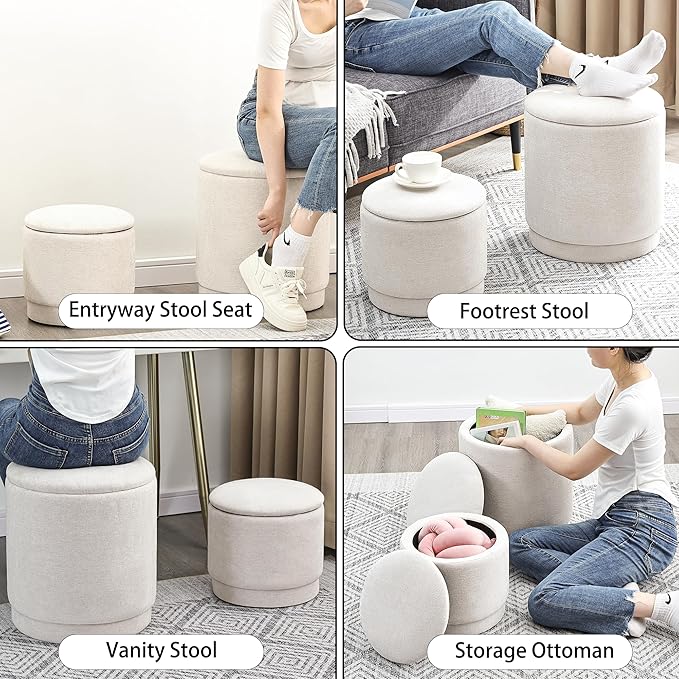 Homebeez Round Storage Ottoman Set of 2, Chenille Fabric Stool with Removable Lid, Multifunctional Foot Rest Pouf for Living Room, Bedroom, Dorm, Supports 300 lbs, Beige