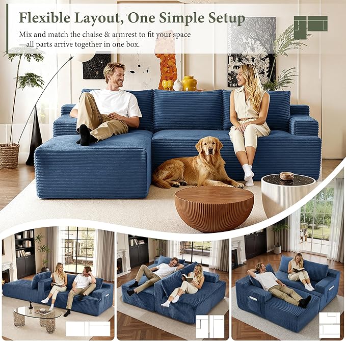 96" Sectional Couches for Living Room Cloud Couch Sofa with L-Shape Upholstered Boneless Couchs Modern Modular Sectional Couch with Chaise (Bule, 96" W+Left Facing Chaise+2Seaters)