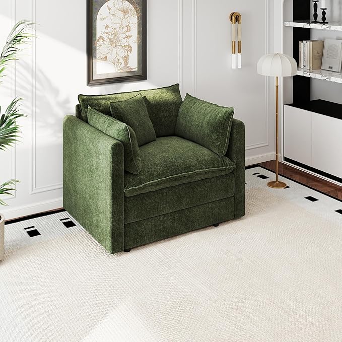 Aoowow Single Deep Seat Sofa Comfy Chenille Couch,Modern Upholstered Accent Armchair with Pillow for Living Room Bedroom Apartment(Green)