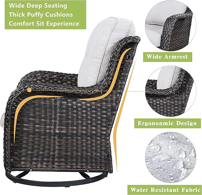 Rilyson Wicker Rocking Chair Swivel Chairs - 2 Piece Rocker Patio Chairs Set Rattan Rocking Chair for Outdoor Porch Deck Garden Backyard (Brown/Beige)
