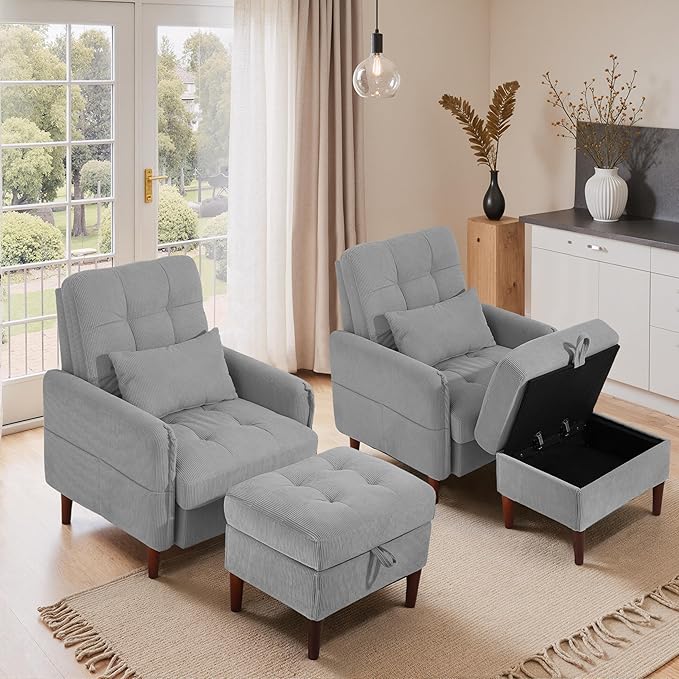 Lumibee Accent Chair with Storage Ottoman, Upholstered Comfy Reading Chair with Adjustable Reclining Backrest, Corduroy Fabric Lounge Chair Armchair for Living Room Bedroom, Set of 2, Gray
